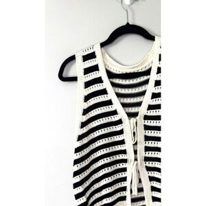 Womens Tie Front Crochet Vest Striped Layers Open Knit Parisian Boho French Girl